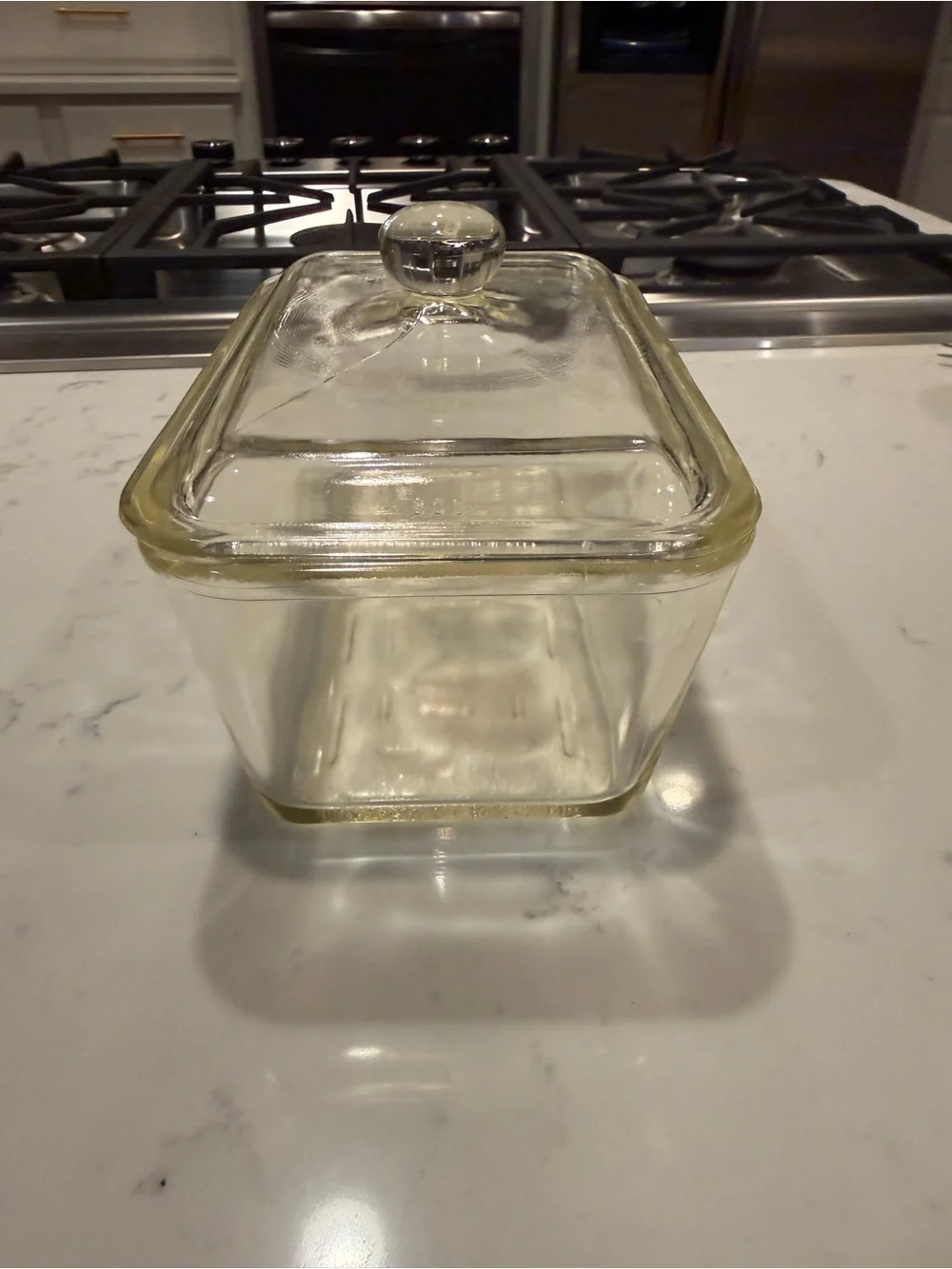 Vintage Glasbake 805 Clear Glass Refrigerator Dish w Lid 1.5 Qt 1940s